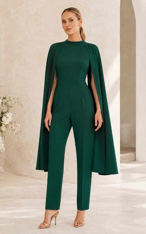 Traje de pantalón formal de invitada con capa de cuello alto verde oscuro