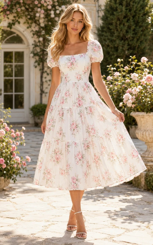Rose Print Ivory A-Line Tea-Length Square Short-Sleeve Cotton Vintage Guest Dress