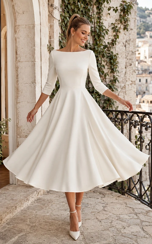 Bateau Neck Tea Length Satin European Balcony Dress