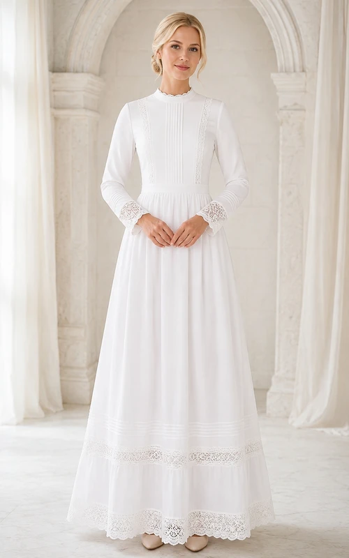 Modest High Neck Long Sleeve Chiffon Lace Trim A-Line Ankle Length Bridal Dress