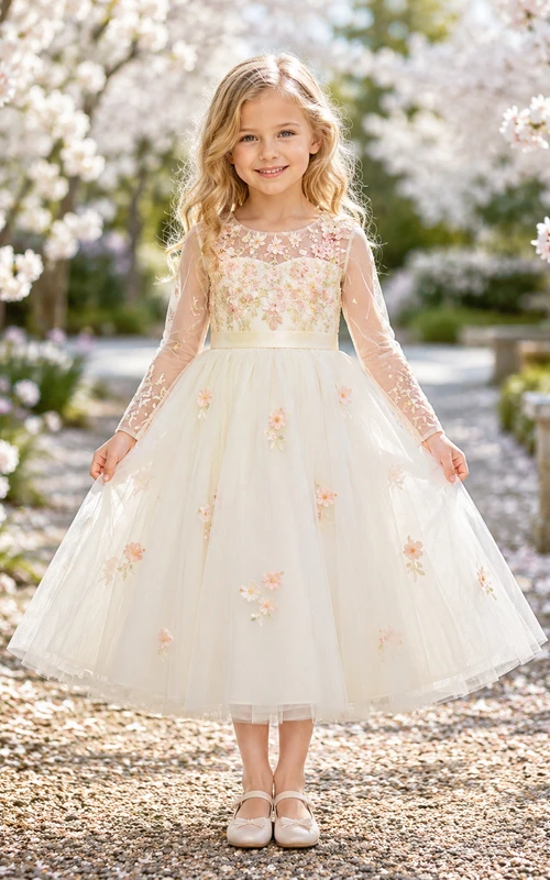 Romantisches, langärmeliges Tüllkleid mit floraler Spitze in Teelänge – perfekt für Blumenmädchen im Gartenstil