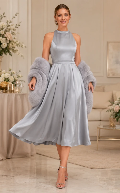 Vestido midi de satén con cuello alto y corte en A de piel sintética plateada para invitadas