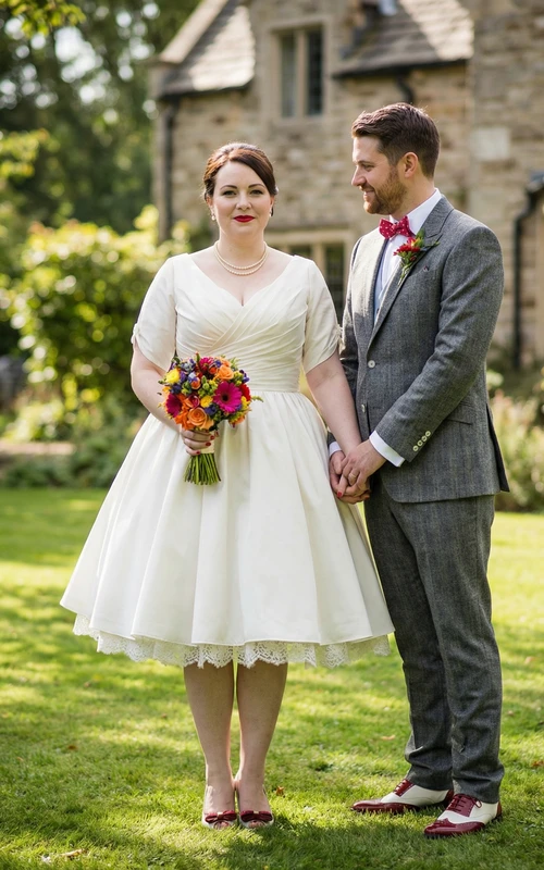 Vestido de novia de talla grande, largo hasta la rodilla, de satén plisado.