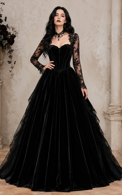 Black Vintage Long-Sleeve Velvet Ball Gown with Lace Corset and Flowers