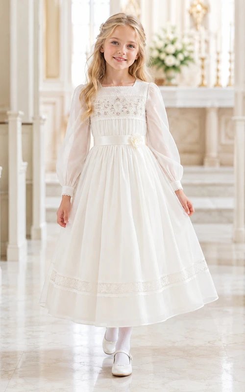 Langärmeliges, gerafftes Spitzenkleid mit Puffärmeln, Erbstück-Erbstück, Erstkommunionkleid
