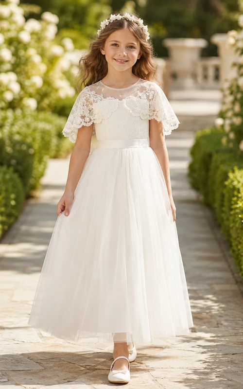 Weißes Cape aus Spitze und Tüll, formelles Kommunionskleid für Blumenmädchen, Kirchenkleid