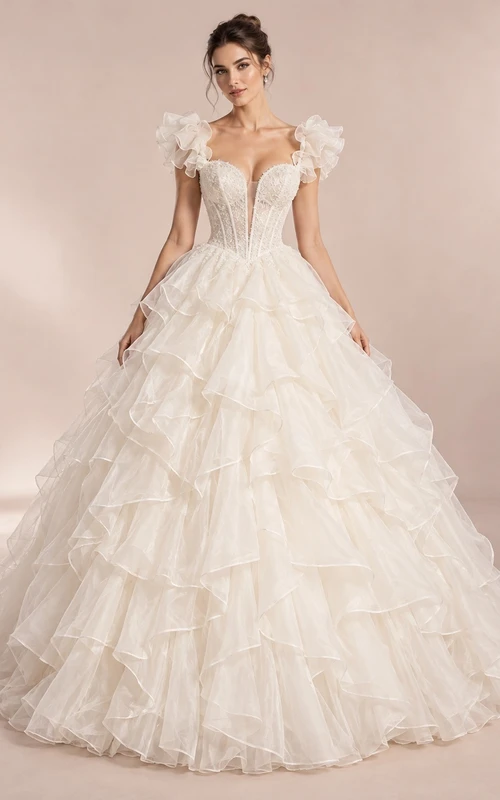 Ballkleid aus Organza mit herzförmigem Herzausschnitt, kurzen Ärmeln und Stufenrock
