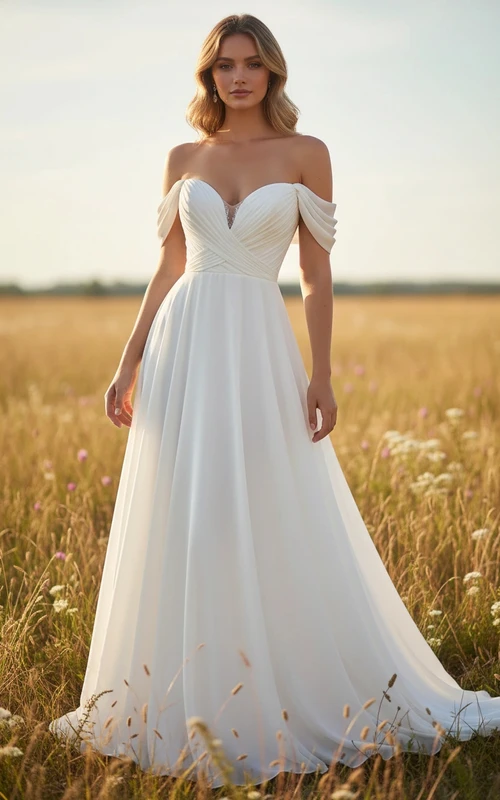 Robe de mariée simple en mousseline, décolleté en cœur croisé et jupe fluide