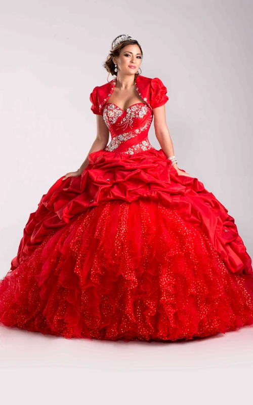 Sequin-Covered Lace-Up Back Ball Gown With A Matching Jacket