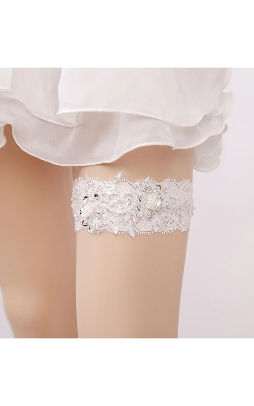Perlenbesetzter, dehnbarer Strumpfhalter mit Spitzenapplikationen, sexy Passform, 40-58 cm (16-23 Zoll)
