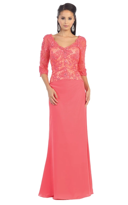 Robe fourreau en jersey de dentelle à col V et manches mi-longues, dos nu en V orné d'appliqués