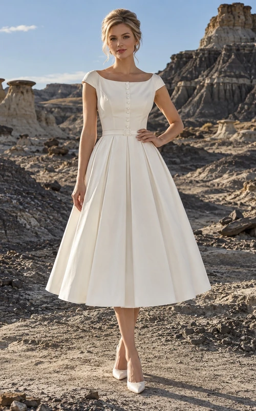 Vestido de novia vintage de popelina de algodón plisada, corte en A, largo hasta la rodilla, cuello barco, manga corta