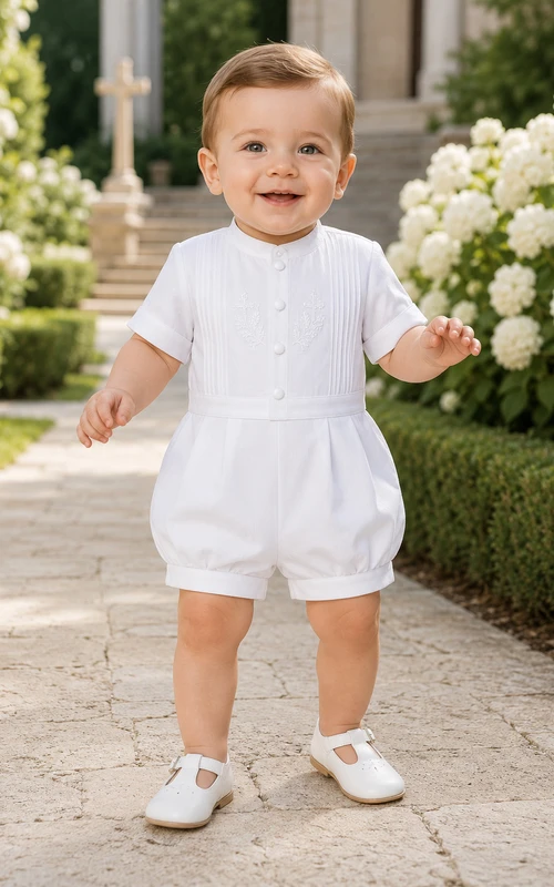 Pelele formal de bautizo blanco con cuello mandarín y pliegues para bebé niño.