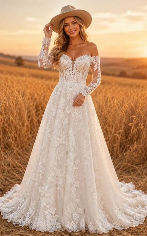 Boho Off Shoulder Long Sleeve Lace Chapel Wedding Dress