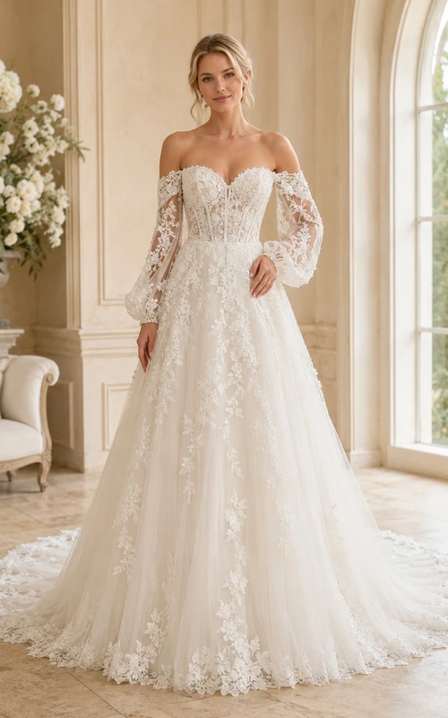 Robe de mariée romantique en dentelle florale, coupe trapèze, épaules dénudées, manches bouffantes, bustier, traîne chapelle