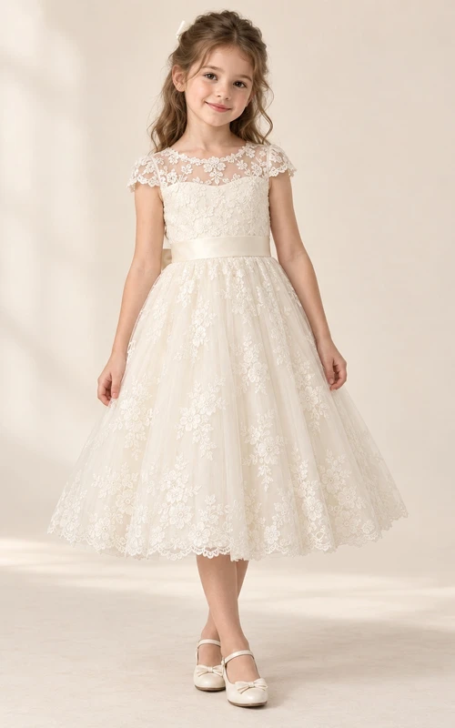 Vestido de niña de flores vintage de corte A, color marfil, con estampado floral, mangas cortas, encaje y lazo en la espalda, largo hasta la rodilla.