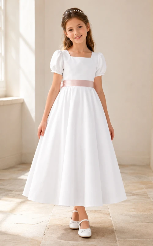 Robe de communion en satin à col carré et manches bouffantes, longueur cheville, col carré et manches bouffantes
