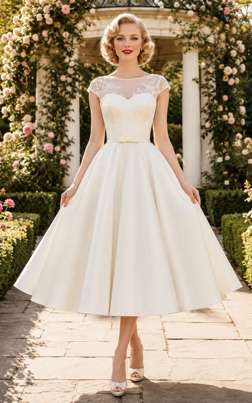 Vintage Brautkleid aus den 1950er Jahren mit kurzen Ärmeln und Illusionsausschnitt, wadenlang.