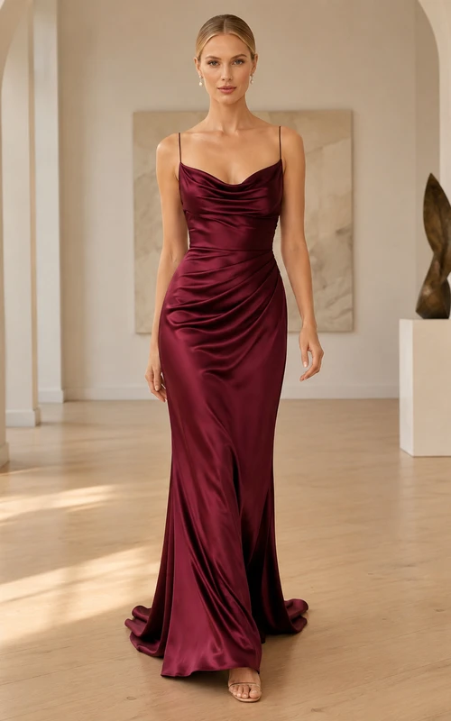 Robe de mariée fourreau en satin drapé à bretelles spaghetti bordeaux et col bénitier