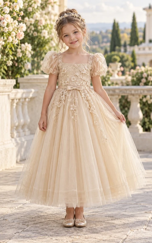 Champagne Floral A-line Tulle Puff-sleeve Ankle-length Bow-waist Appliqued Flower Girl Dress