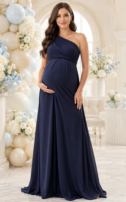 Maternity One Shoulder Navy Sheath Elegant Floor Length Evening Dress