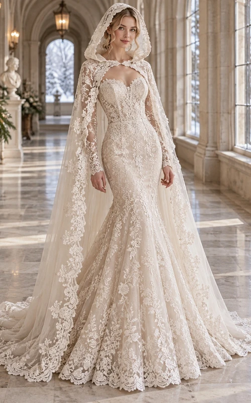 Vestido de invierno con capucha de encaje y escote corazón estilo sirena de manga larga