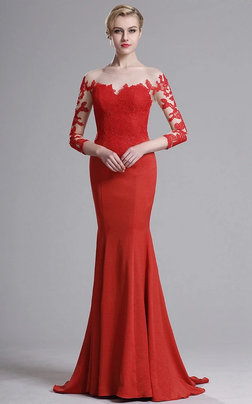 Mermaid Sweep Bateau 3 Jersey Appliques Lace Illusion Dress