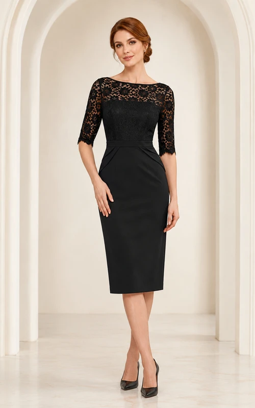 Vestido de invitada negro de manga tres cuartos con encaje de jersey transparente y escote barco, largo hasta la rodilla.