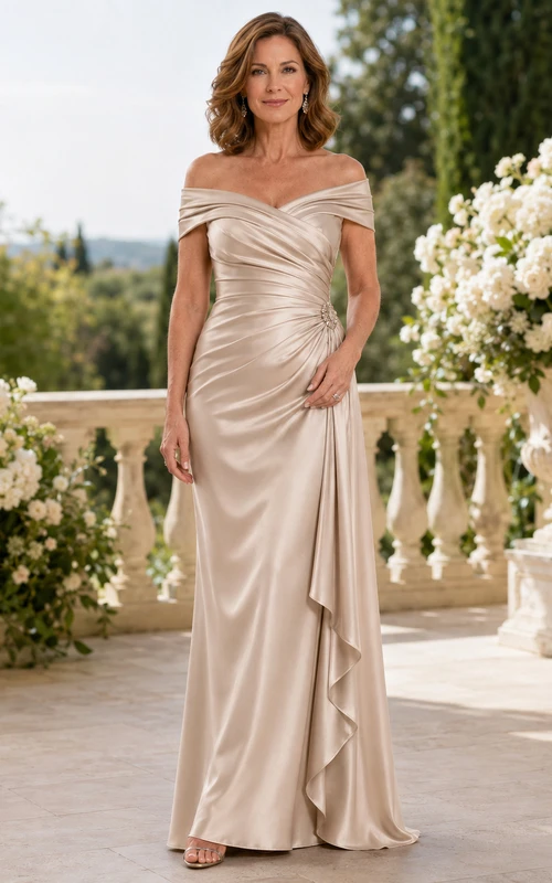 Champagne Off-Shoulder Satin Sheath Floor-Length Mother of the Bride Gown with Draped Ruching