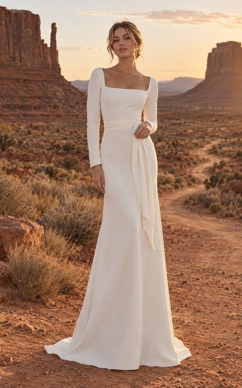 Vestido de novia sencillo de crepé elástico largo hasta el suelo, con mangas largas, escote cuadrado y estilo sirena.