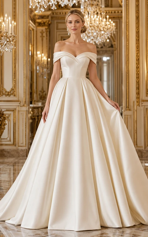 Off Shoulder Satin Pleated Ball Gown Wedding Dress