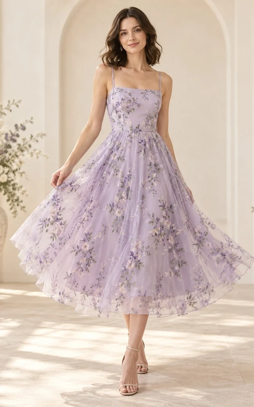 Vestido de dama de honor de gasa con escote cuadrado y tirantes finos, corte asimétrico, estampado floral lavanda.