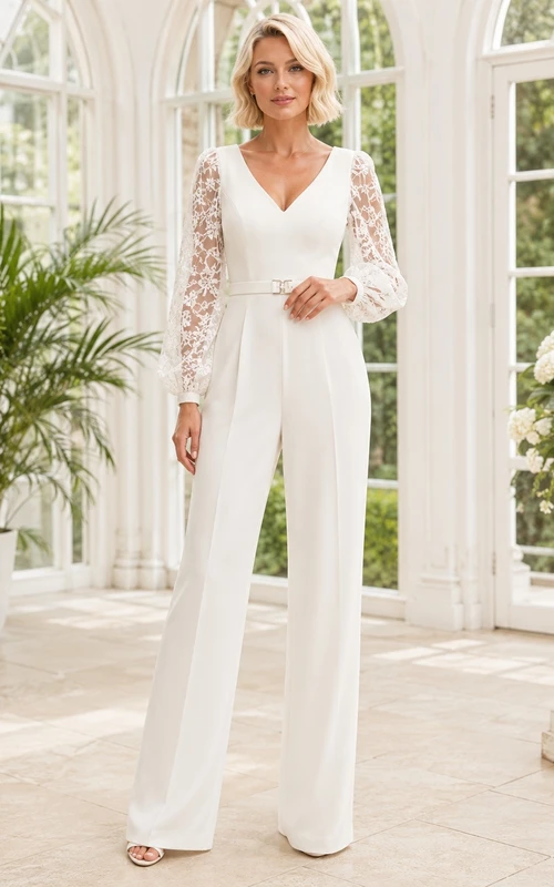 White V-neck Illusion Sleeve Lace Jumpsuit Floor-length Modern Evening Dress