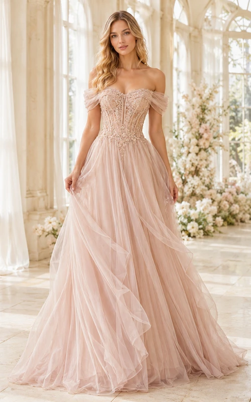 Luxuriöses, schulterfreies Abendkleid in Blush mit herzförmigem Ausschnitt, Perlenbesatz und Korsett in A-Linie
