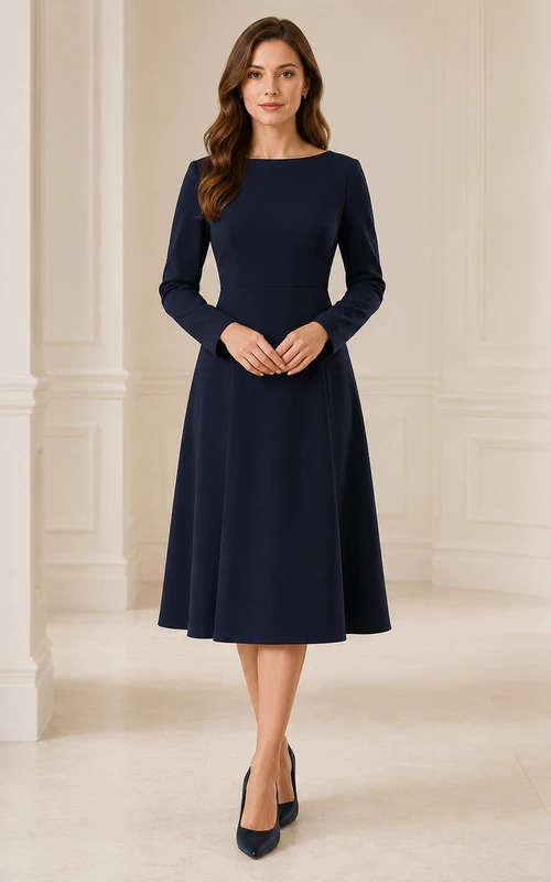 Robe midi commémorative conservatrice à manches longues et col bateau, bleu marine