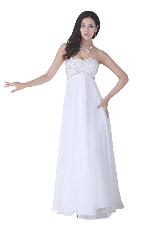 Vestido largo de gasa con escote corazón y apliques de encaje.