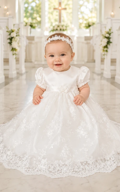 Lace Hem Baby Baptism A-Line Puff Sleeve Tea-Length Dress Elegant Adorable Romantic Satin