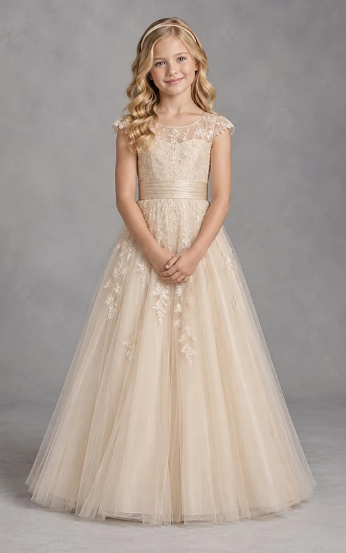 Champagne Floral A-line Tulle Cap-sleeve Lace-bodice Floor-length Pleated-waist Flower Girl Dress