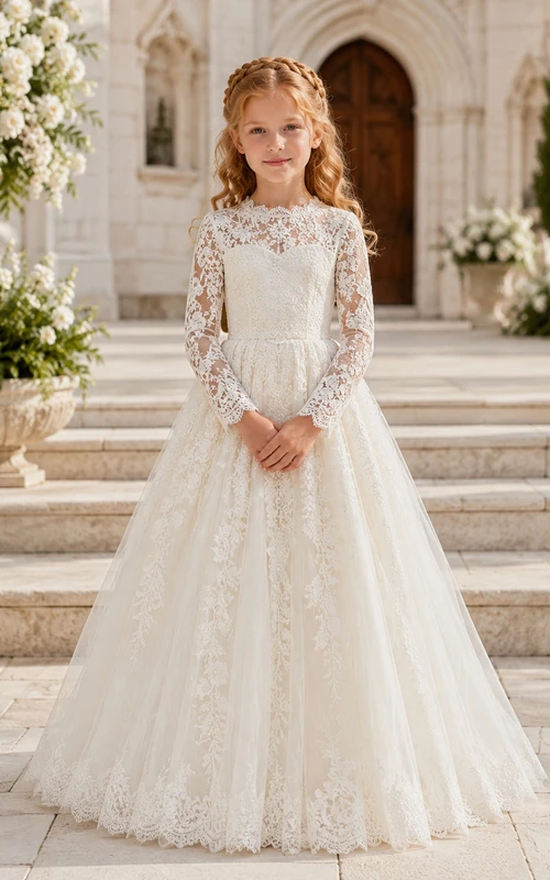 A-Line Flowergirl Lace Tulle Floor-Length Long Sleeve Classic Garden Wedding Gown with Floral Embroidery