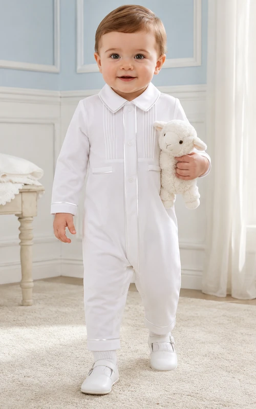 White Pintuck Long Sleeve Peter Collar Christening One Piece for Baby Boy