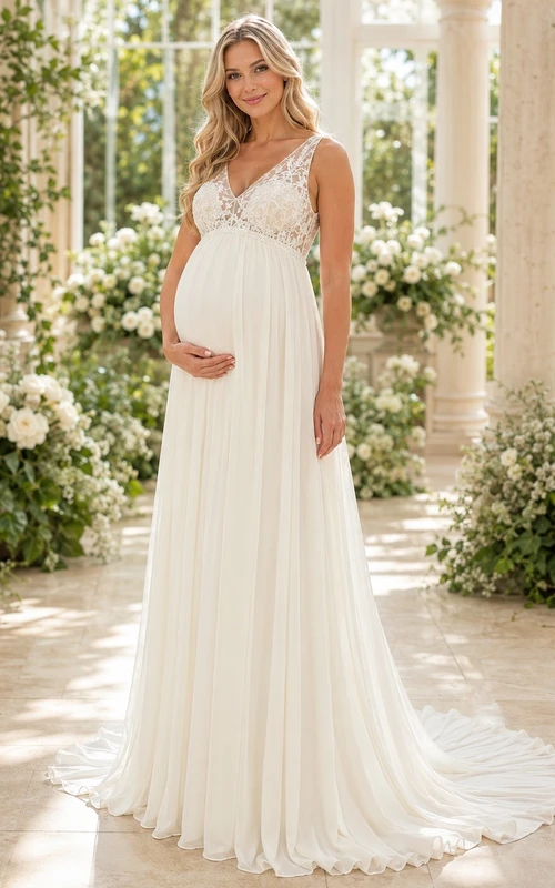 Vestido de novia de corte A con escote en V y cola larga, ideal para fugas románticas premamá.