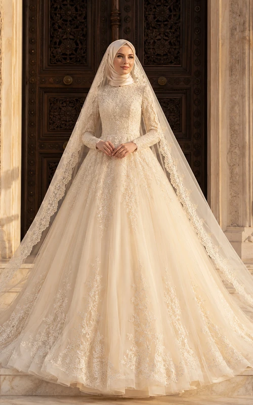 Modest Muslim Lace Trimmed Veil Doorway Bridal Gown