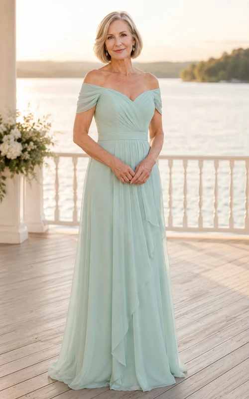 Mintgrünes schulterfreies Chiffon-A-Linien-Kleid für Mütter