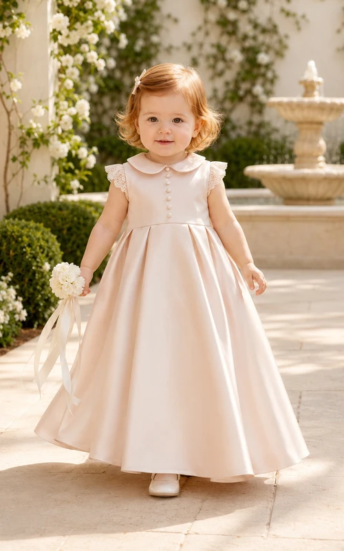Champagnerfarbenes, mattes Satin-Taufkleid in A-Linie, Teelänge, mit abgerundetem Kragen, klassisch schlicht