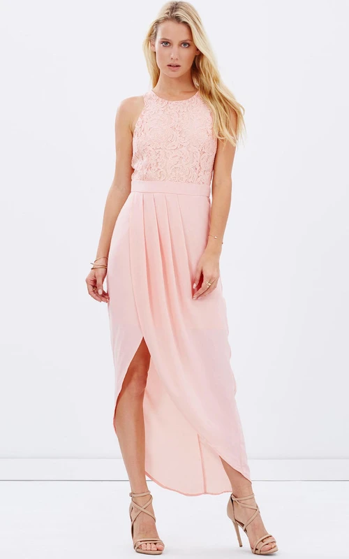 Vestido de dama de honor de gasa sin mangas con escote redondo y encaje asimétrico