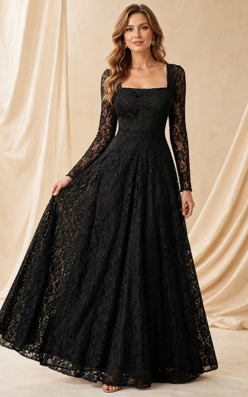 Black Lace Square-Neck Long-Sleeve A-Line Floor-length Romantic Evening-Gown