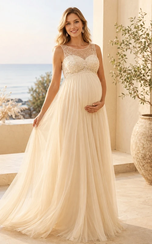 Maternity Empire Illusion Beaded Tulle Floor Length Formal Evening Gown