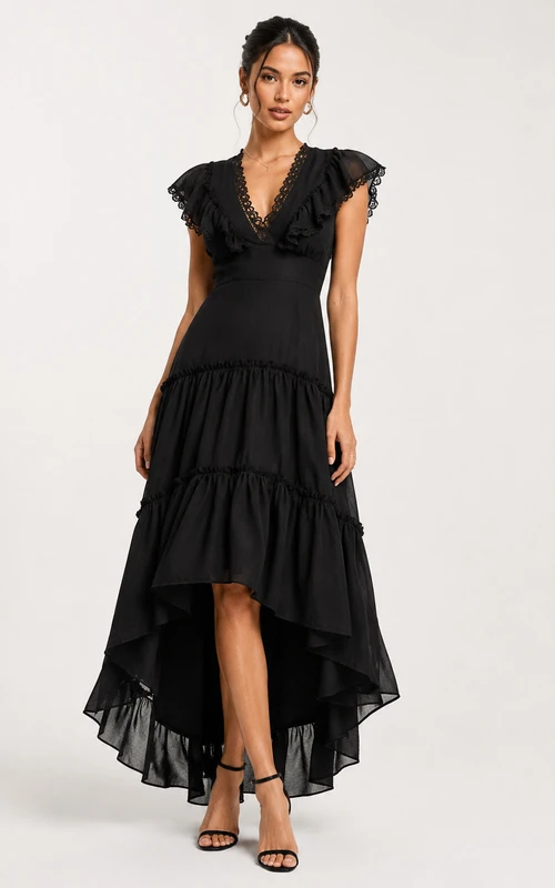 Vestido de cóctel de gasa en negro, vestido de corte A con escote en V, volantes y encaje.
