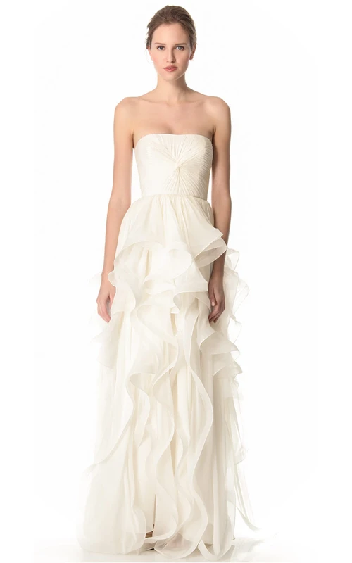 Robe longue bustier en organza à volants et coupe trapèze