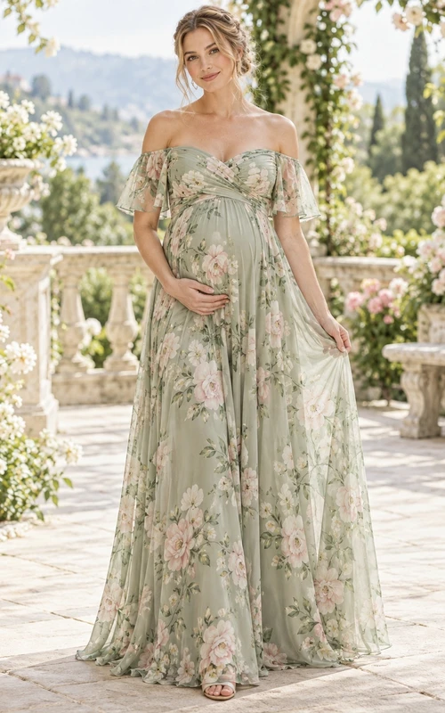 Vestido de dama de honor de gasa de corte imperio, largo hasta el suelo, color verde salvia con estampado floral, hombros descubiertos y mangas cortas.